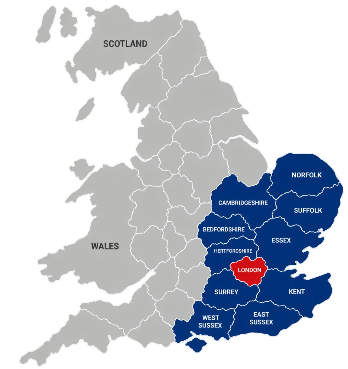 UK coverage map showing Bedfordshire, Norfolk, Suffolk, Cambridgeshire, Essex, Kent, East Sussex, West Sussex, Surrey and Hertfordshire as covered areas, with London excluded from coverage